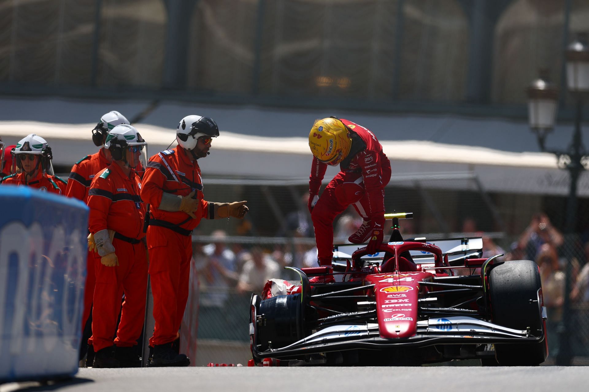 Lewis Hamilton after crashing the Ferrari SF-25 at the Free Practice session 3 at the F1 Grand Prix of Monaco - Source: Getty